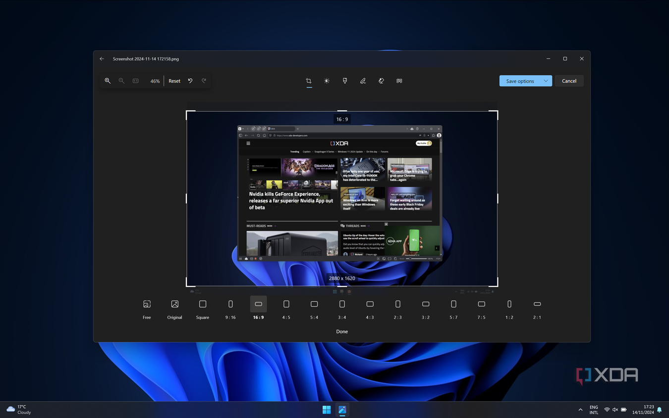 Screenshot of the Windows 11 Photos showing an image cropped to a 16 by 9 aspect ratio