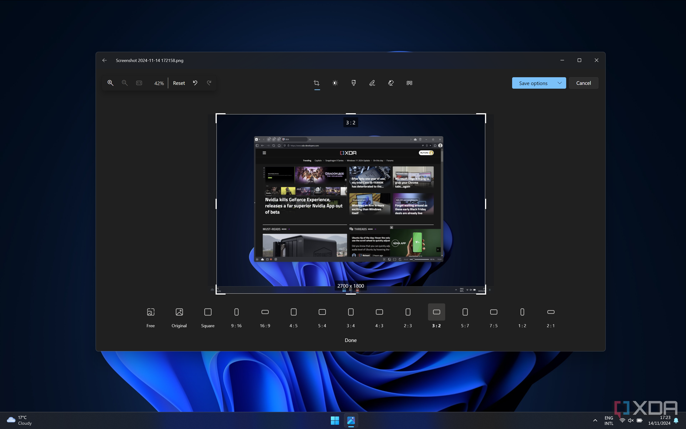 Screenshot of the Windows 11 Photos showing an image cropped to a 3 by 2 aspect ratio