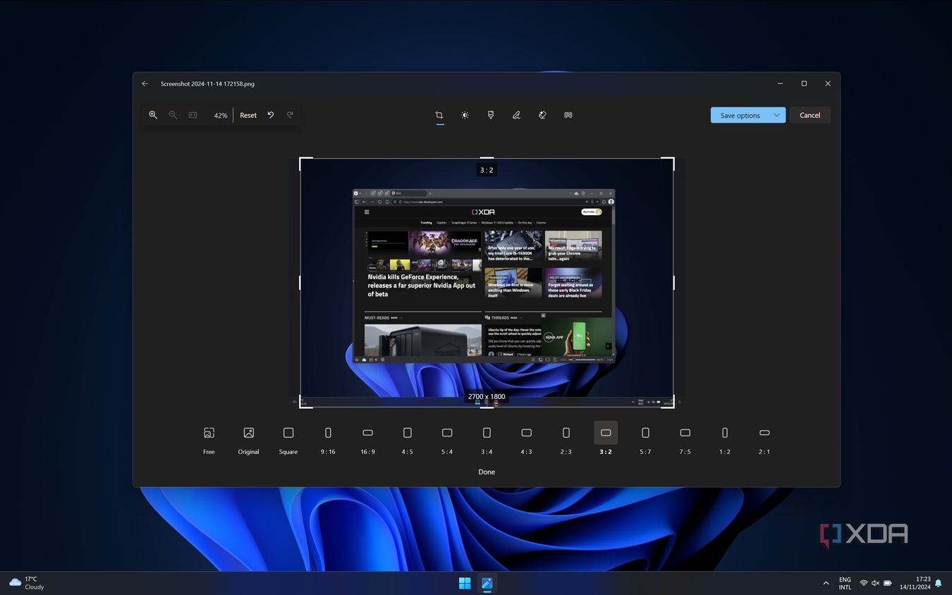 Screenshot of the Windows 11 Photos showing an image cropped to a 3 by 2 aspect ratio