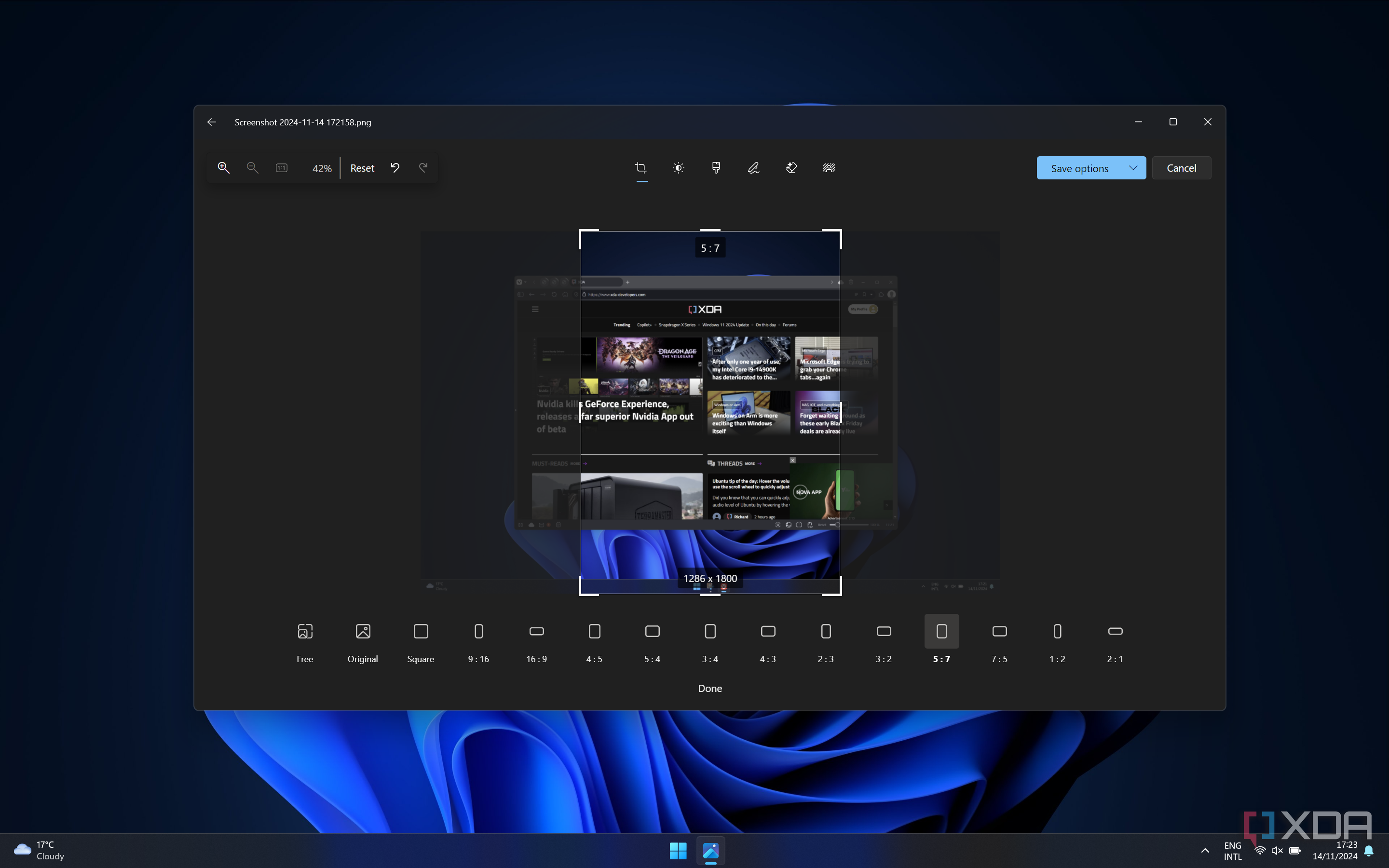 Screenshot of the Windows 11 Photos showing an image cropped to a 5 by 7 aspect ratio
