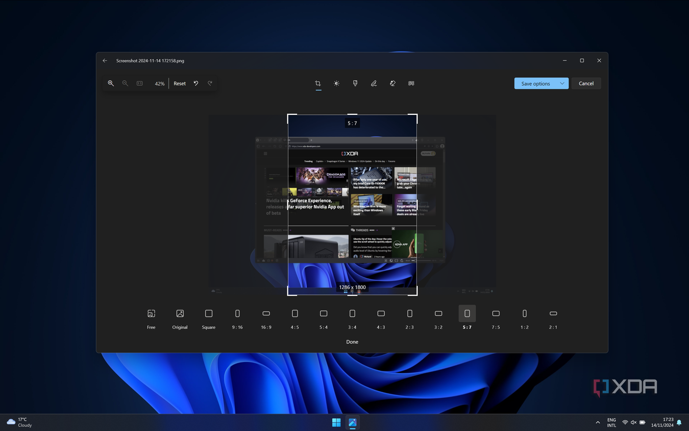 Screenshot of the Windows 11 Photos showing an image cropped to a 5 by 7 aspect ratio