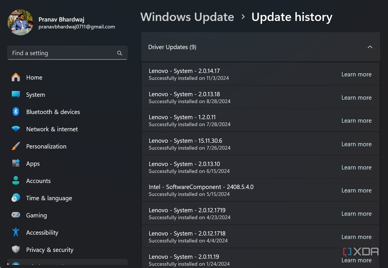 Screenshot of Windows Driver Updates