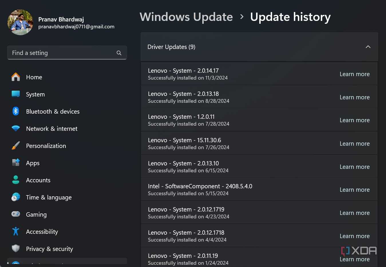 Screenshot of Windows Driver Updates