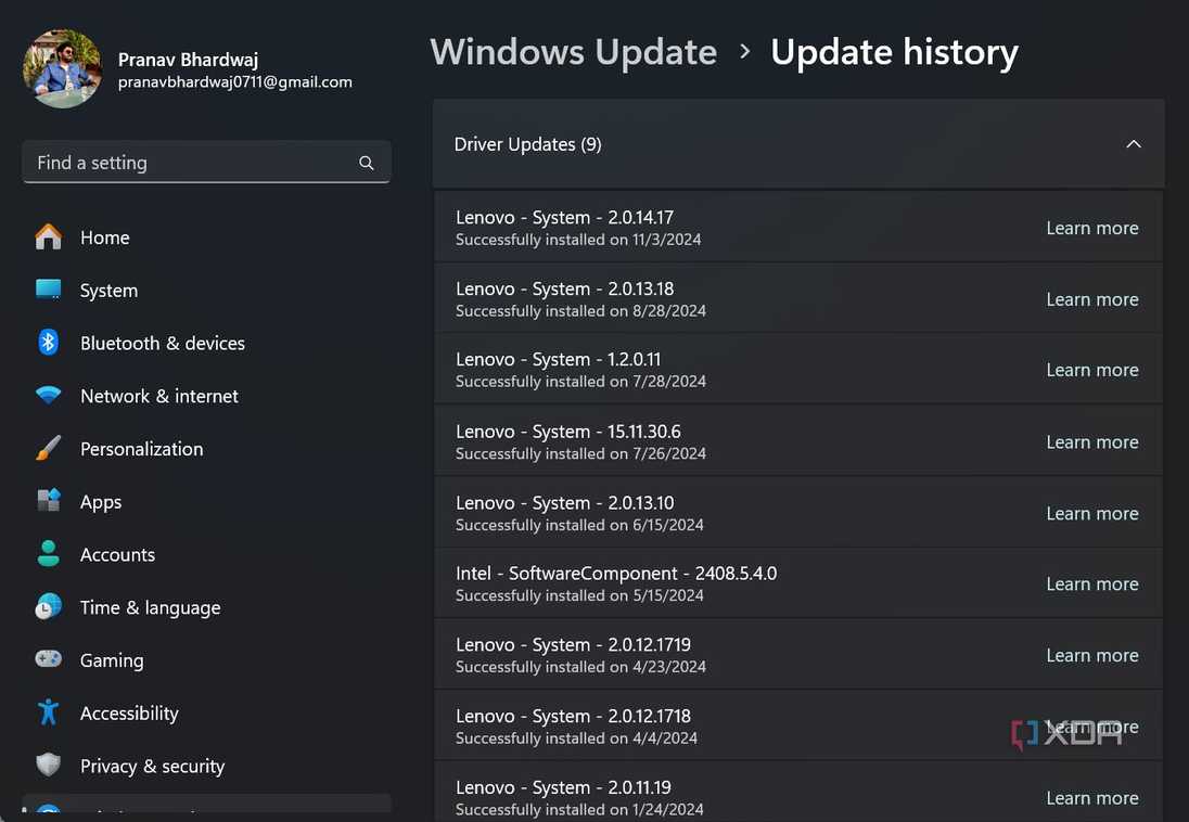 Screenshot of Windows Driver Updates