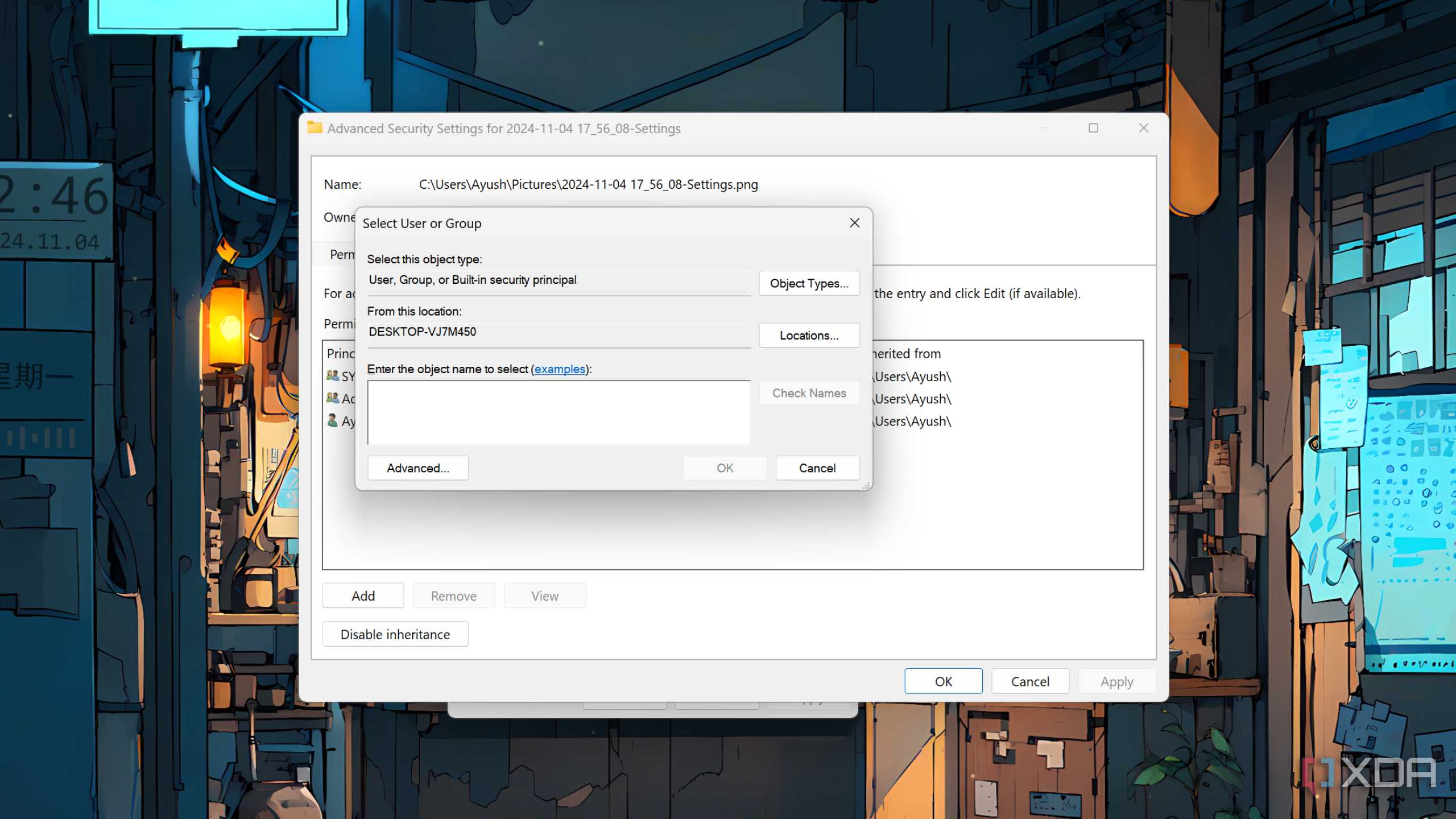 Selecting the User Group for Windows Permissions