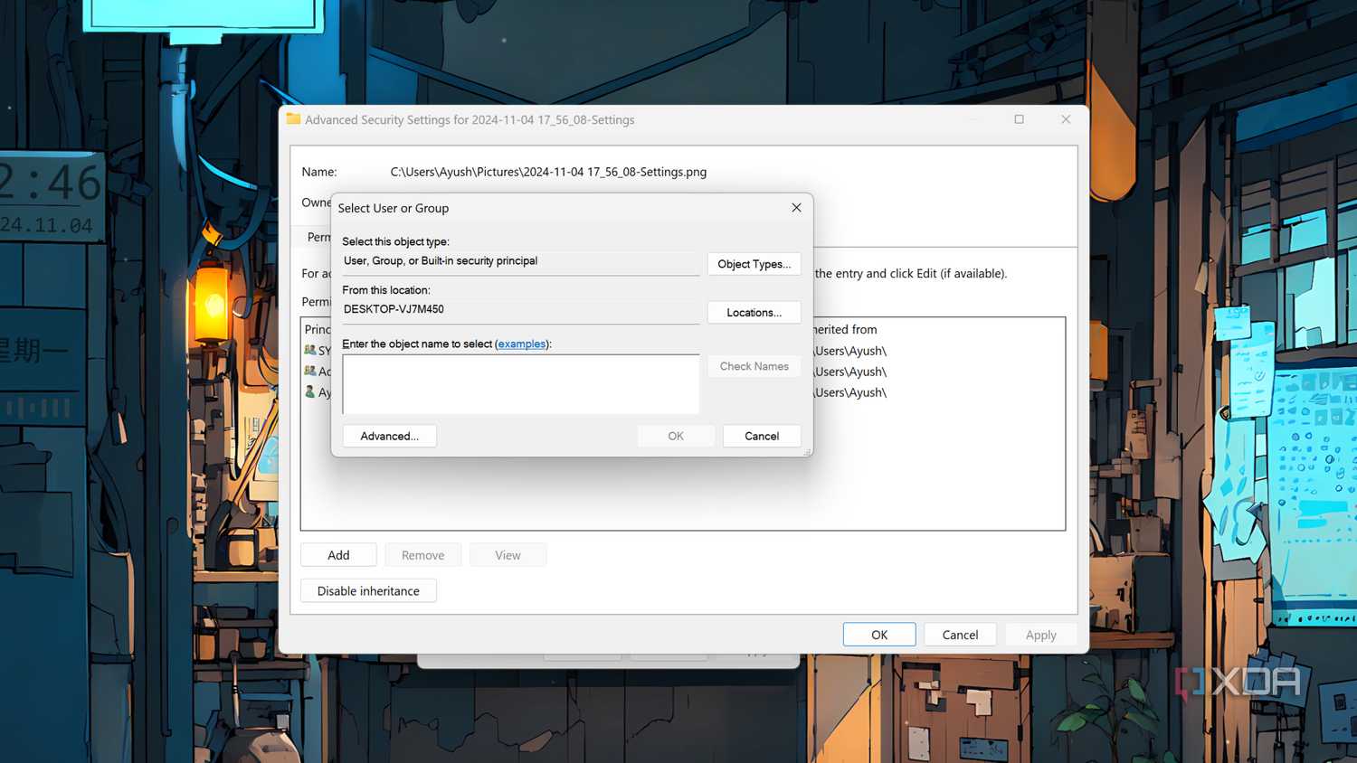 Selecting the User Group for Windows Permissions