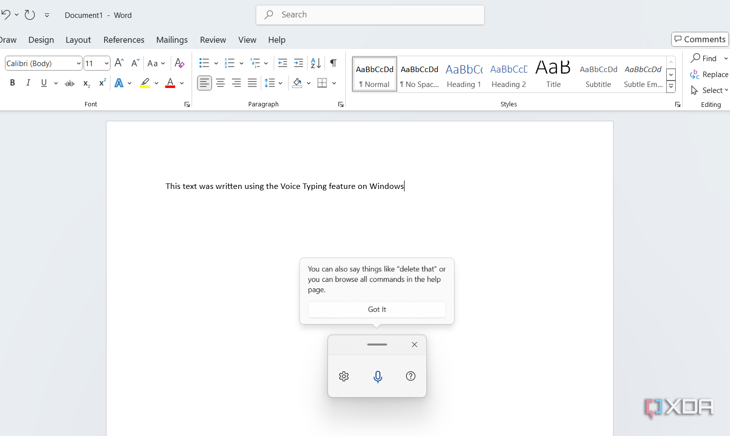Screenshot showing Voice typing feature on Windows