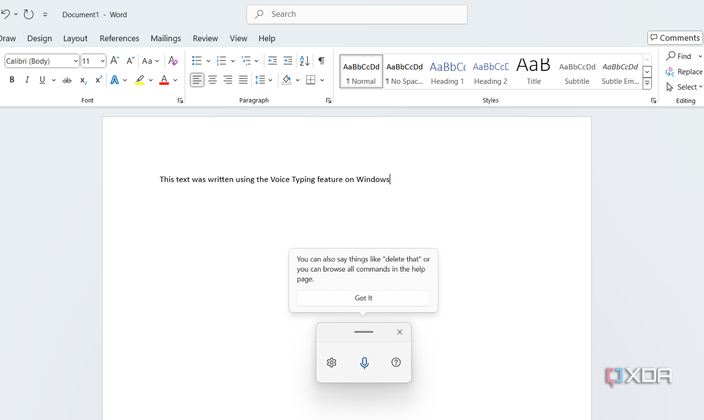 Screenshot showing Voice typing feature on Windows