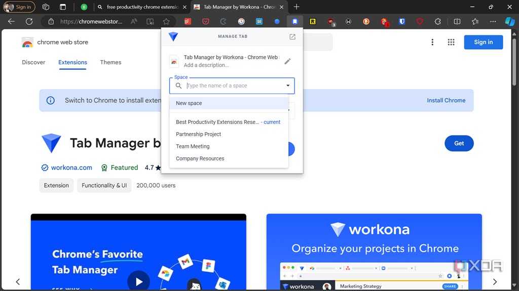 Workona extension page