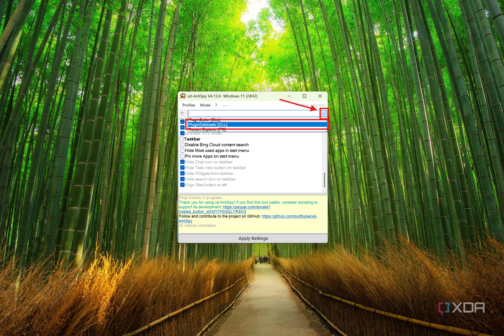 Screenshot of xd-AntiSpy showing the plugin menu