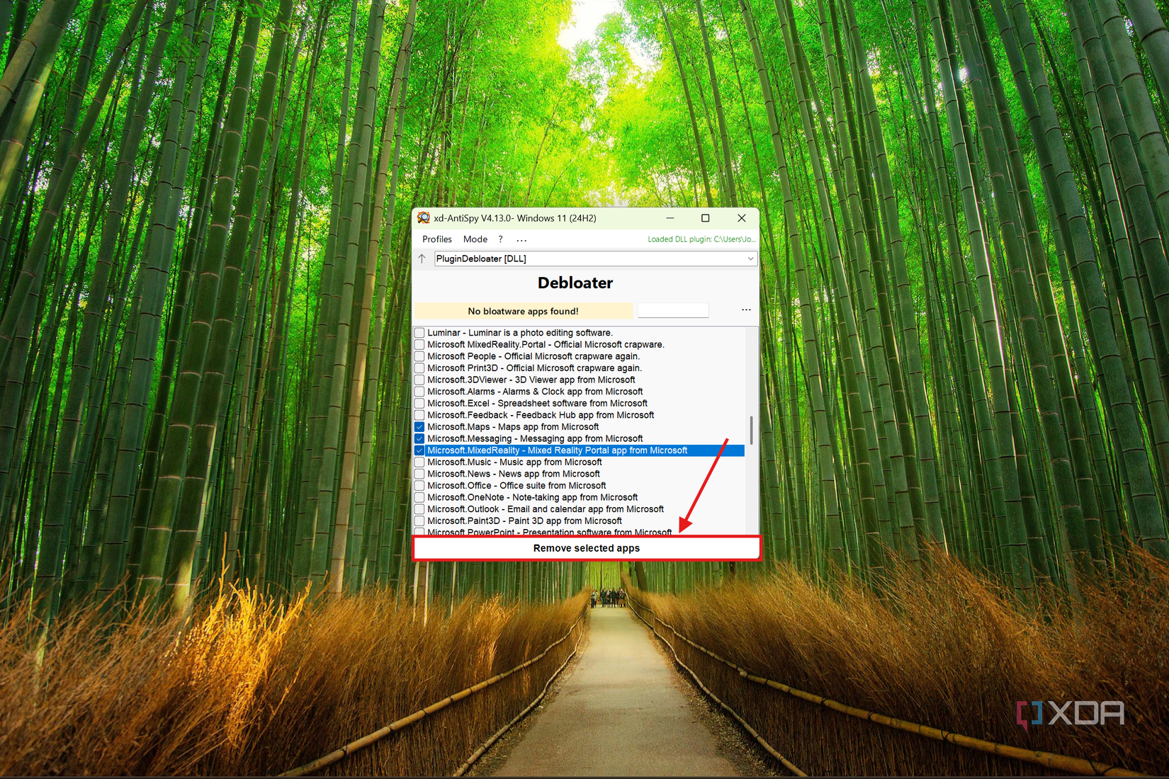 Screenshot of the debloater plugin in xd-AntiSpy with the option to remove apps