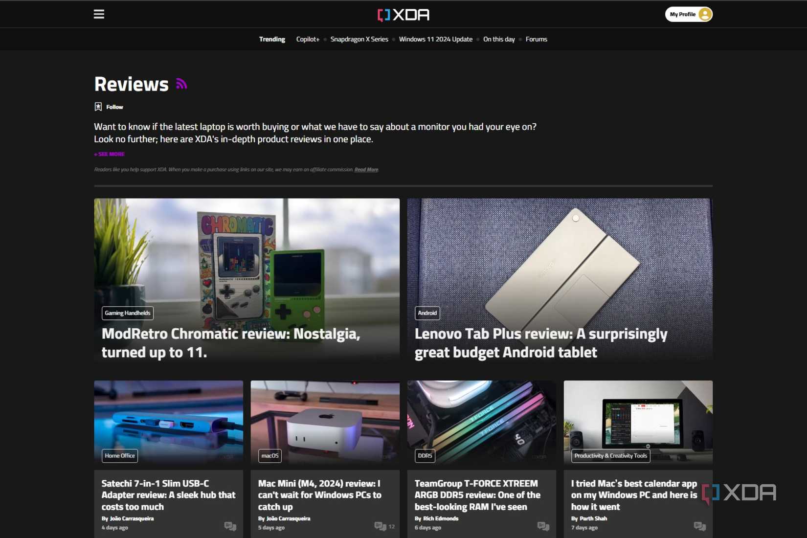 screenshot of xda reviews page