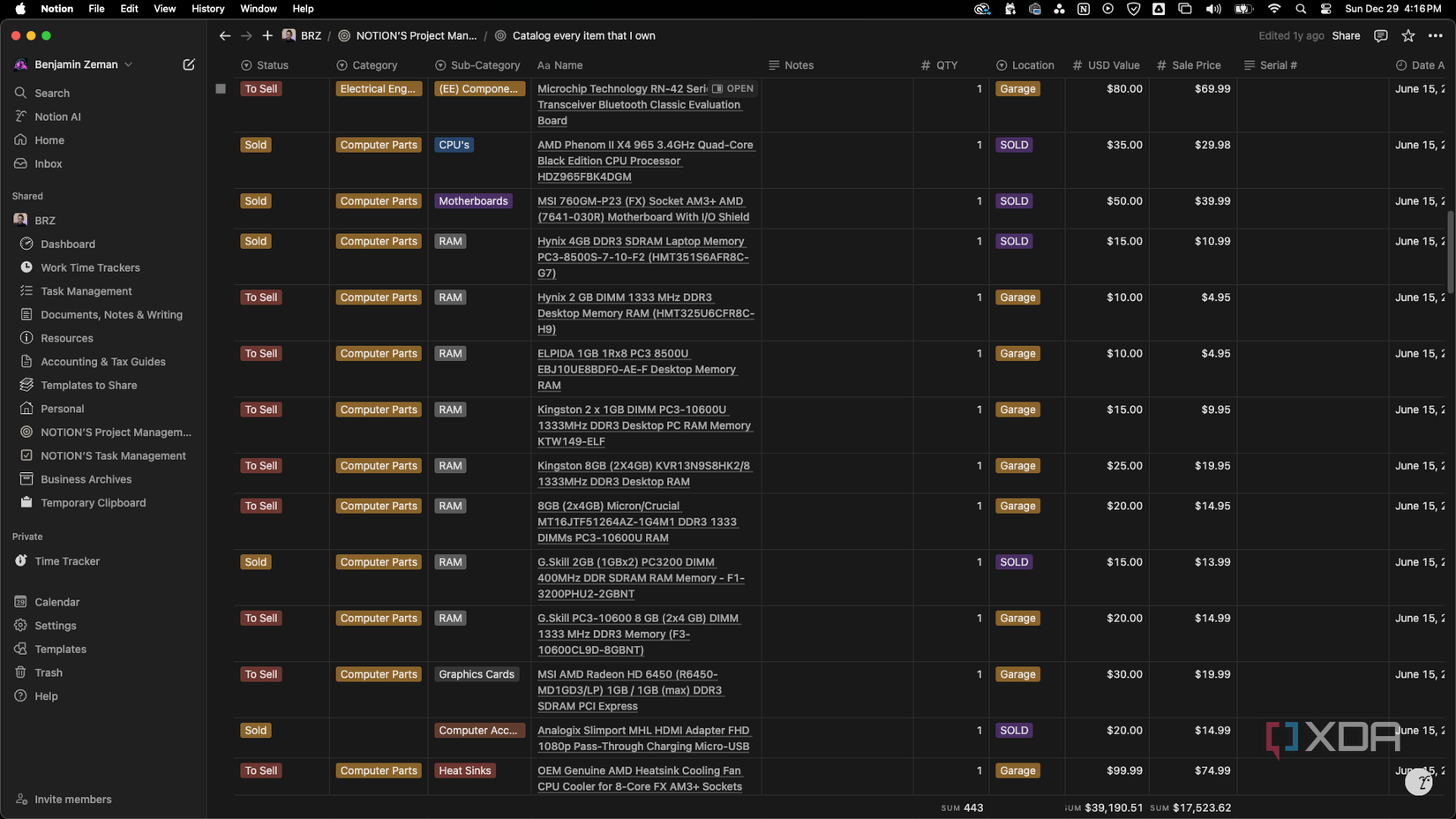 Example Notion database for a project cataloging all items owned