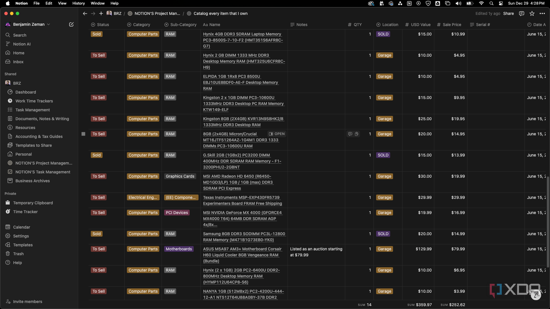Notion database filtered by the word RAM