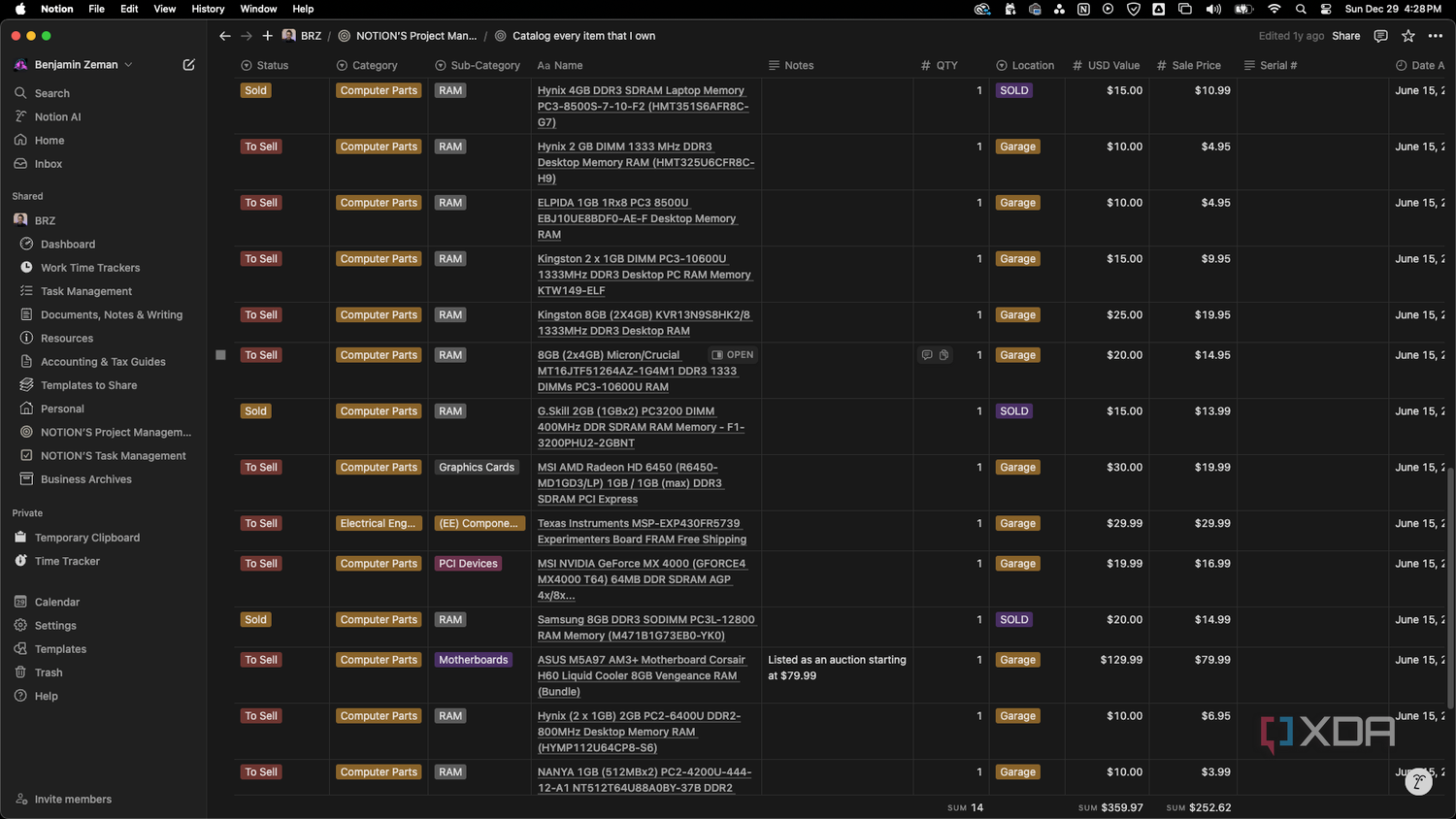 Notion database filtered by the word RAM