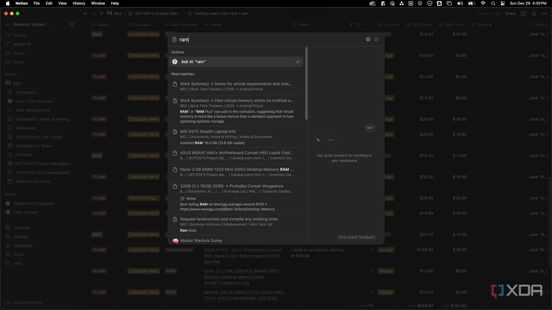 Notion global search for the word RAM