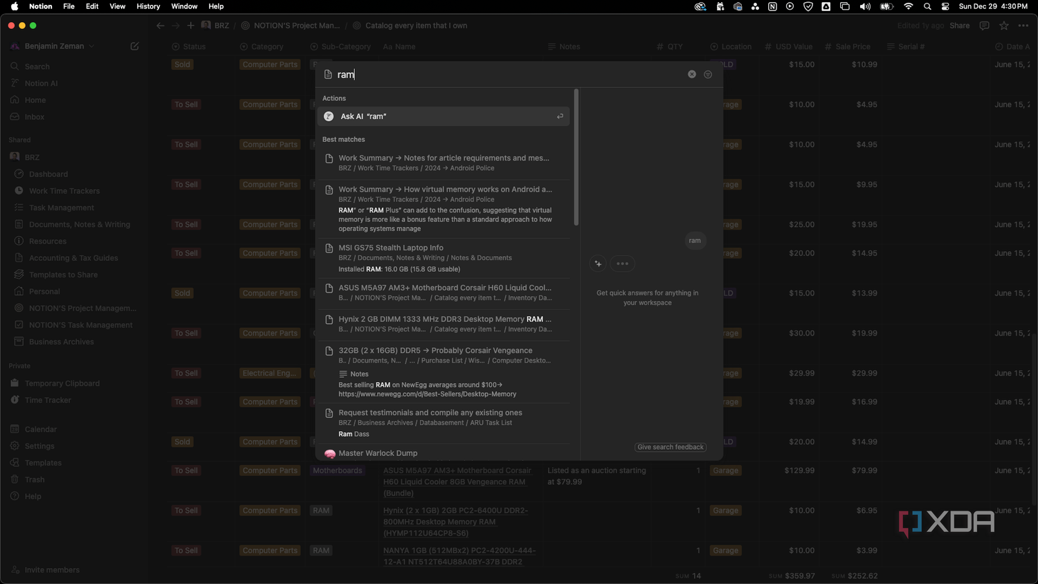 Notion global search for the word RAM
