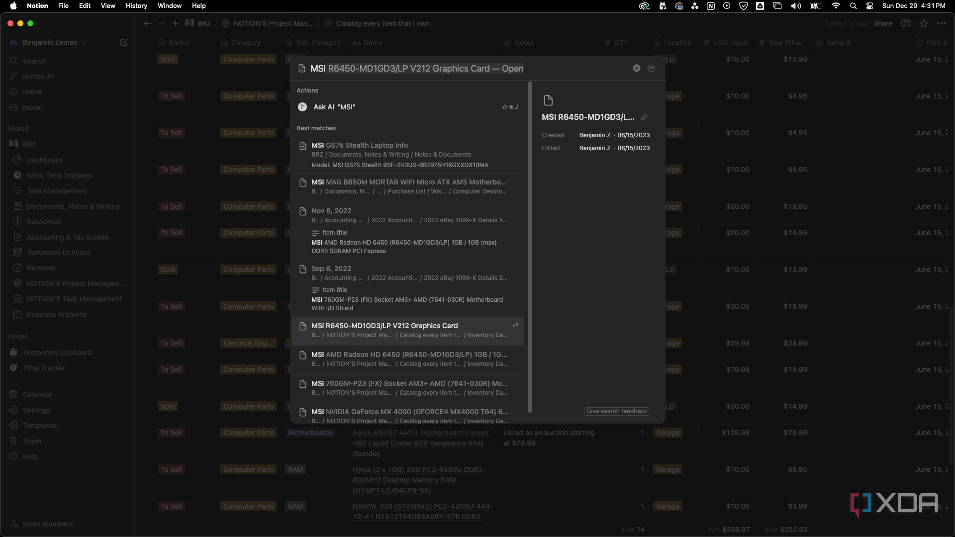 Notion global search for the word MSI
