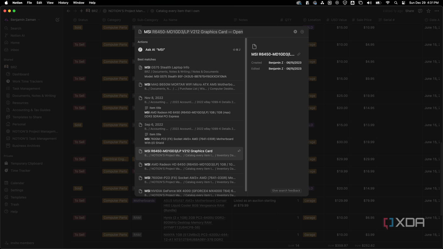 Notion global search for the word MSI