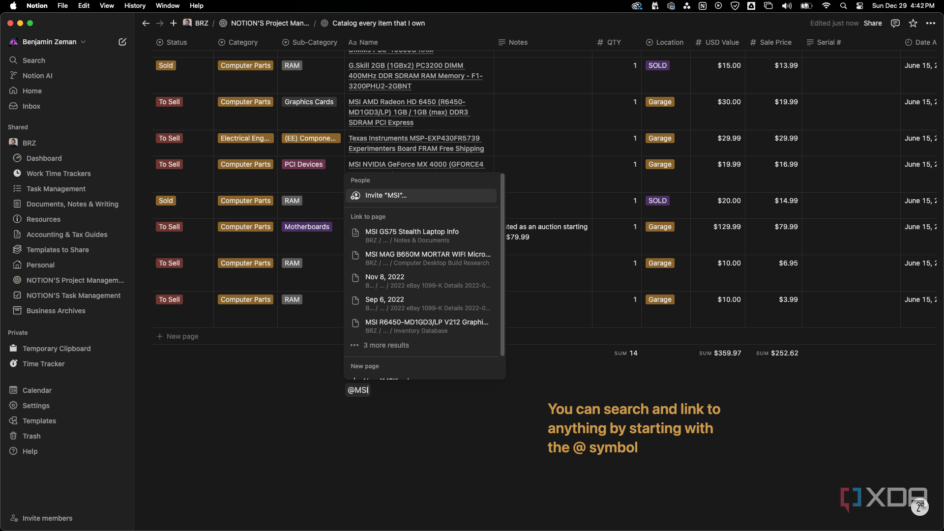 Notion search and link in text with the @ symbol showing the search aspect