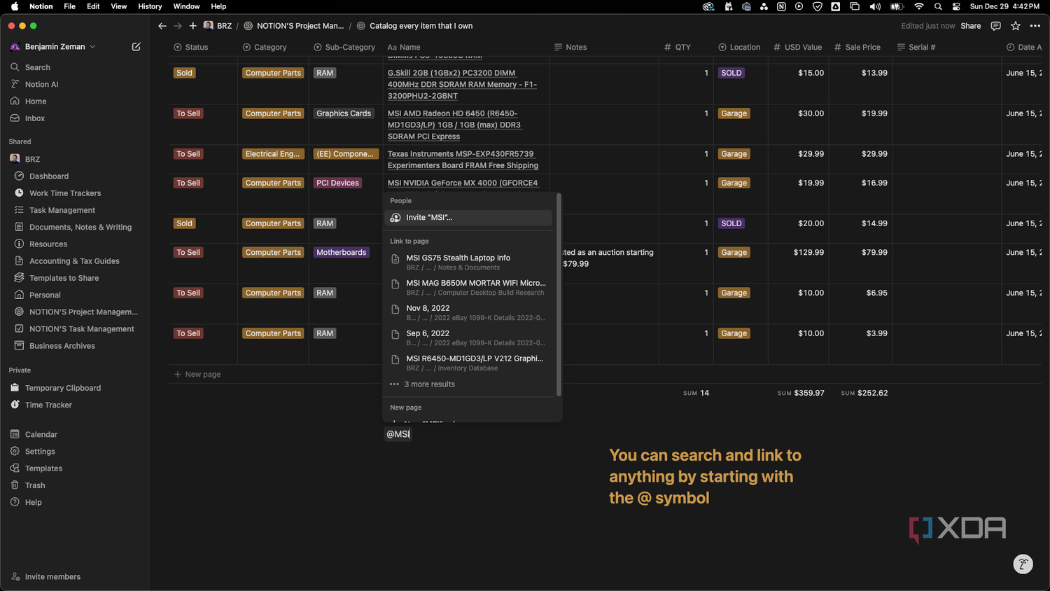 Notion search and link in text with the @ symbol showing the search aspect