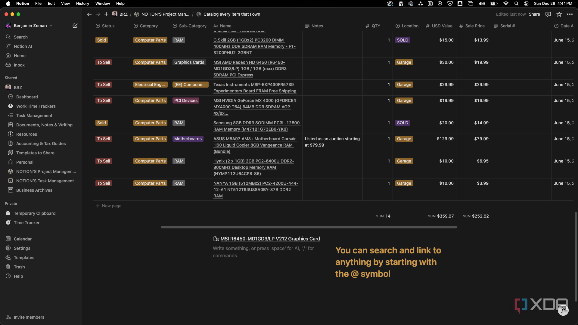 Notion search and link in text with the @ symbol showing the result