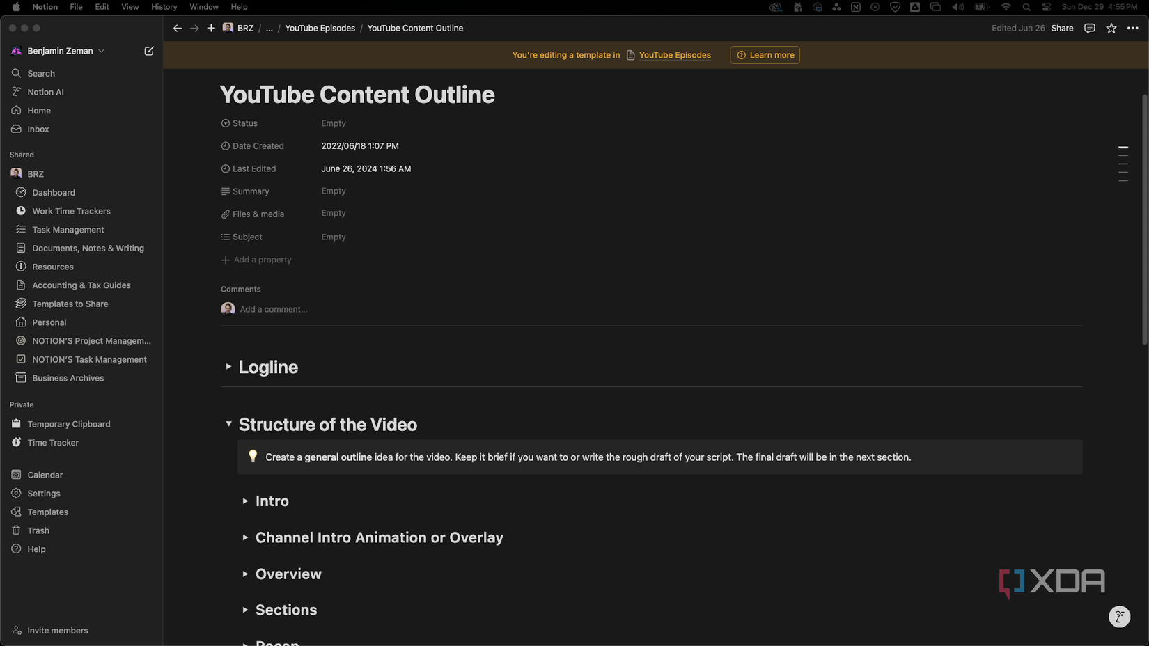 Notion YouTube content outline template that was made for a nonprofit's educational videos