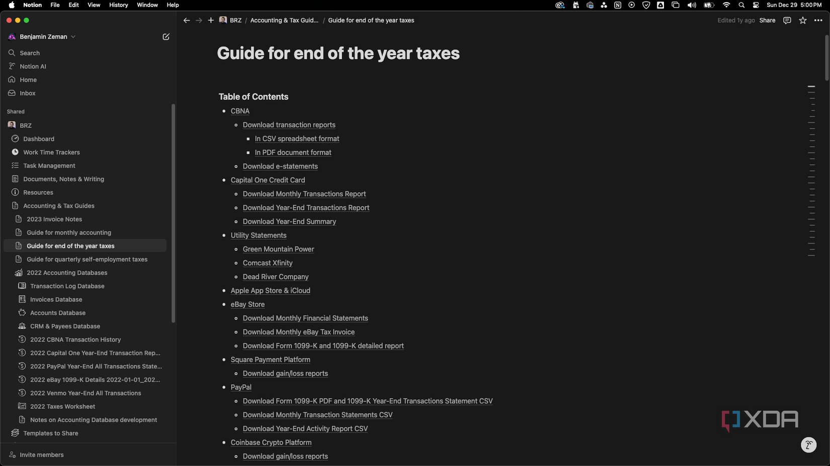 Notion documentation guide's table of contents on an accounting and tax system