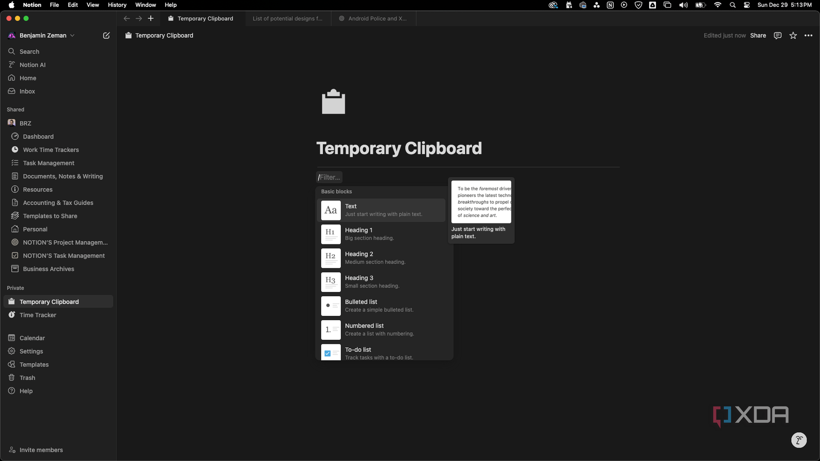 Notion page used as a temporary clipboard or whiteboard
