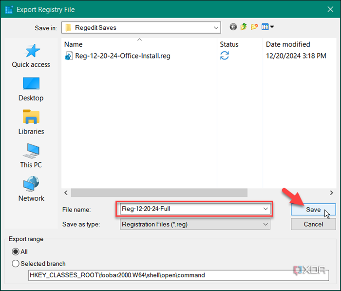 shows how to save registry backup with proper parameters