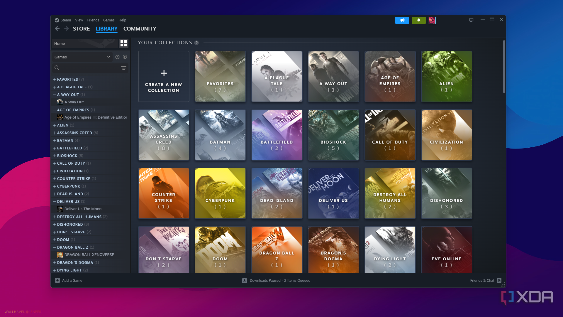 The collections menu in the Steam library