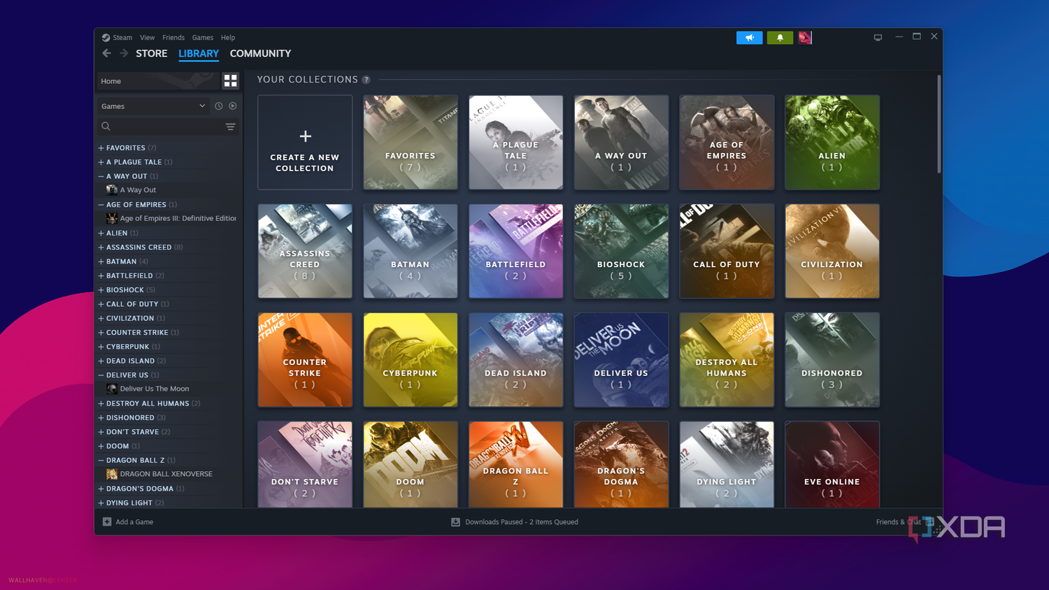 The collections menu in the Steam library