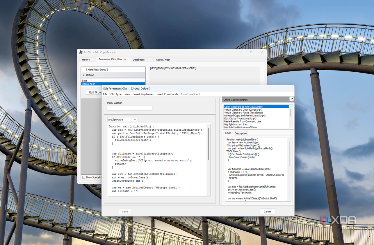Screenshot of ArsClip macro/permanent clip settings