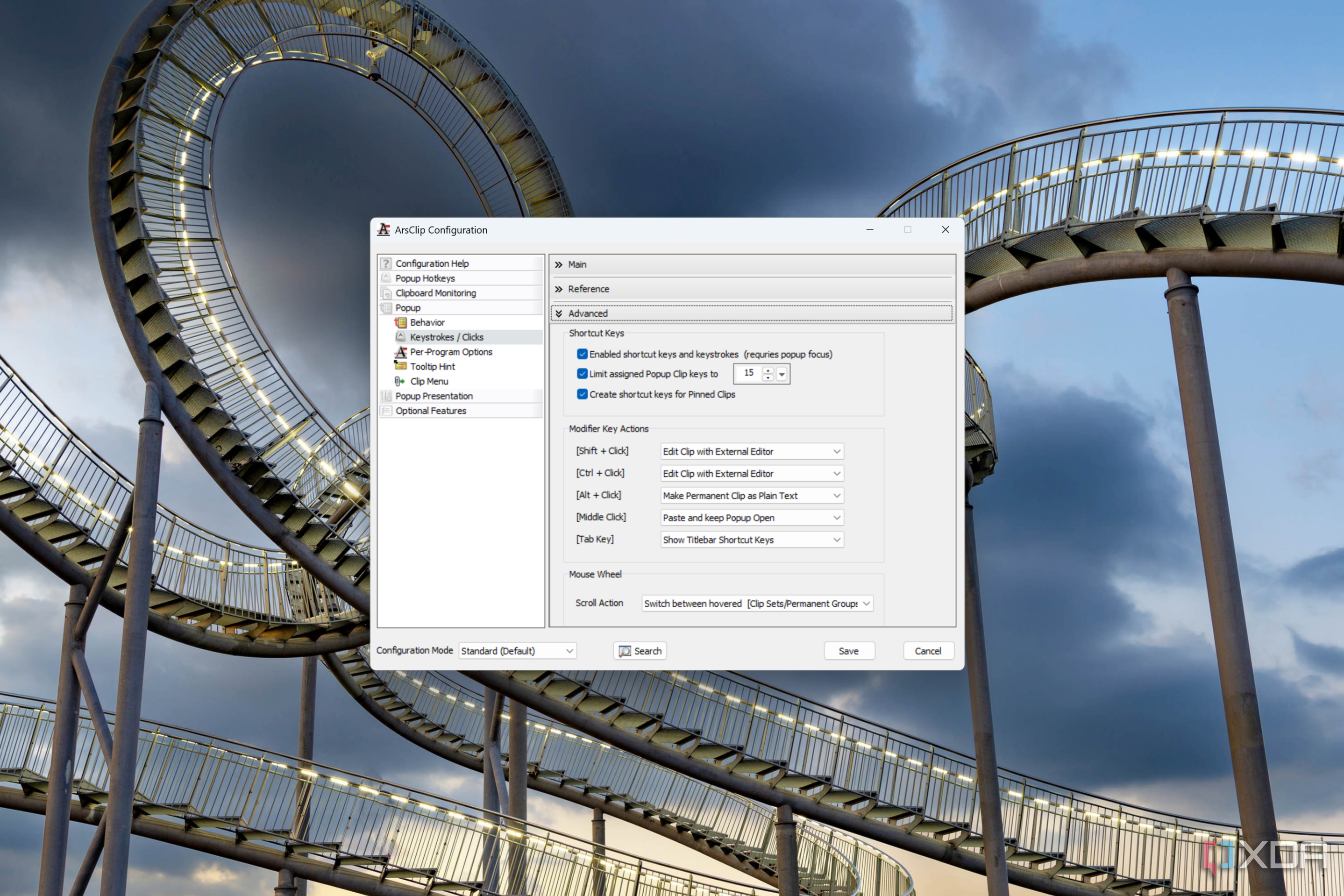 Screenshot of ArsClip advanced settings for keystrokes and clicks