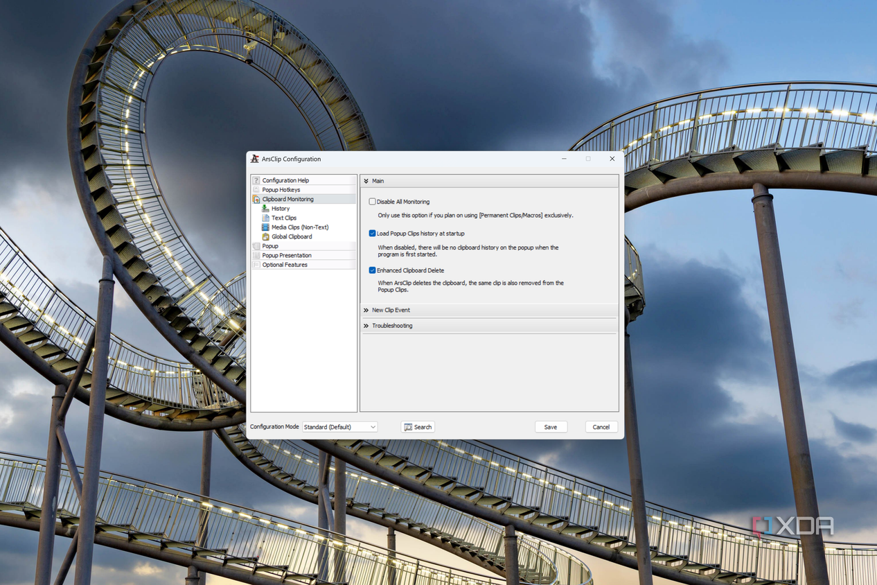 Screenshot of clipboard settings in ArsClip