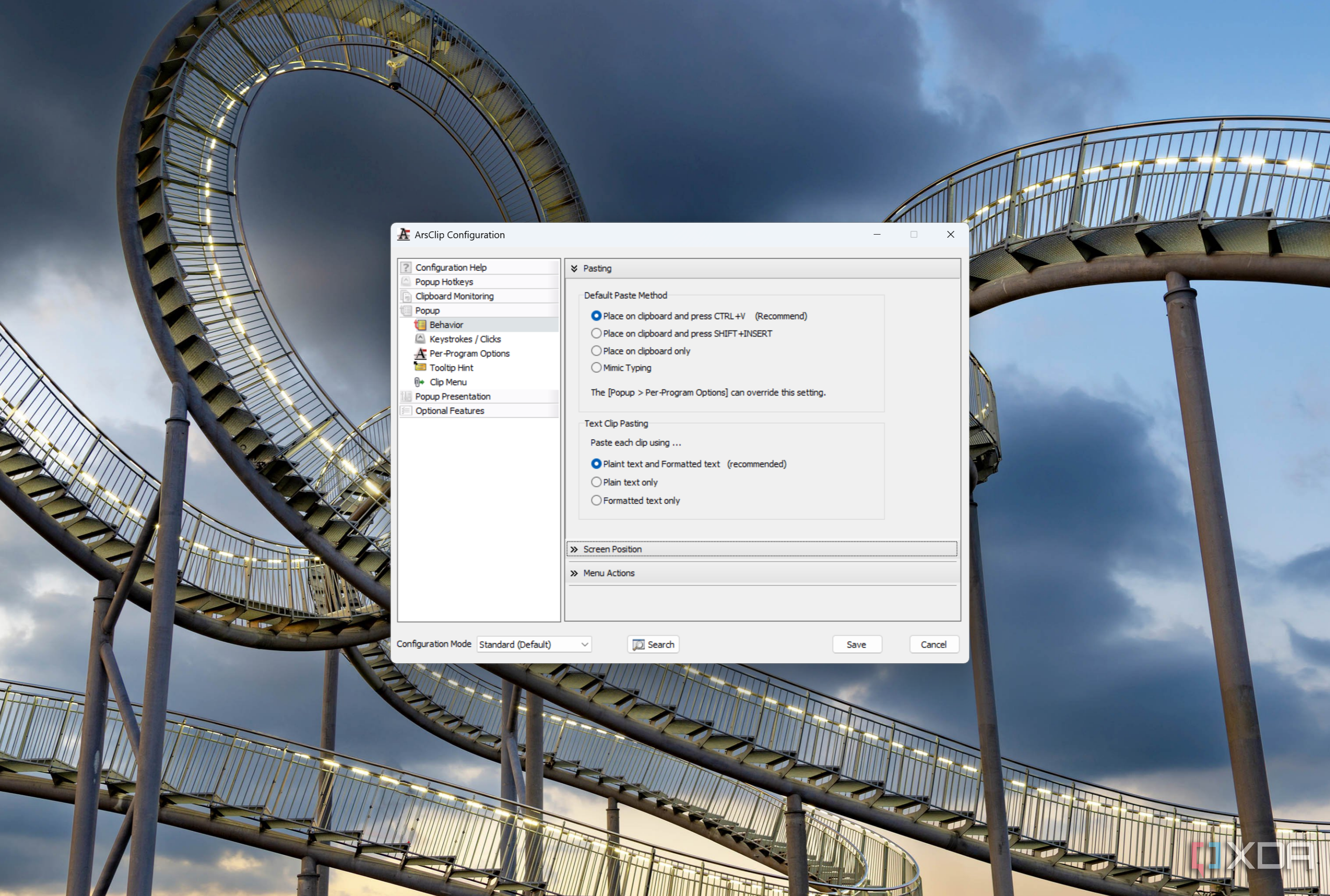 Screenshot of pasting settings in ArsClip