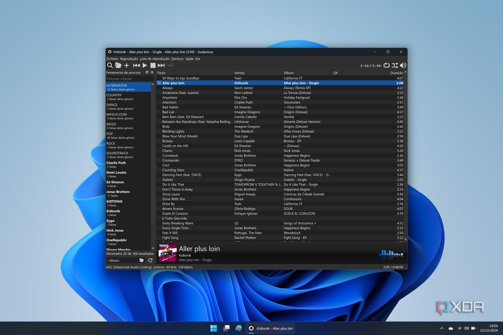 Screenshot of Windows 11 running Audacious and showing a library of music