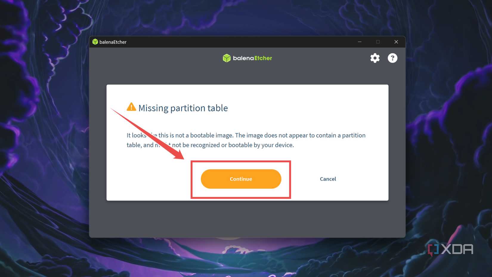 The mission partition table error message inside Balena Etcher