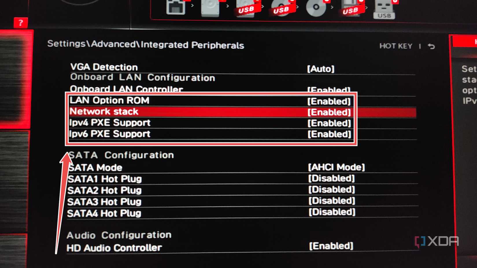 Enabling the Integrated Peripherals settings to set up PXE boot