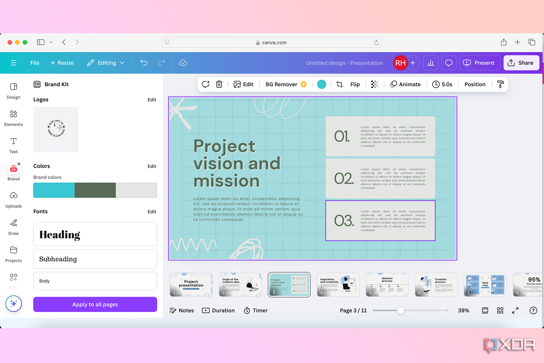 Canva brand kit presentation in brand colors