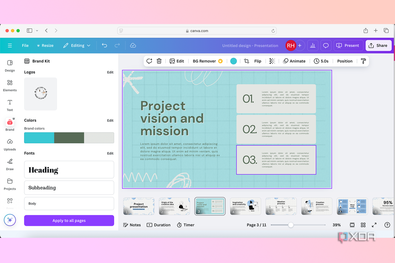 Canva brand kit presentation in brand colors