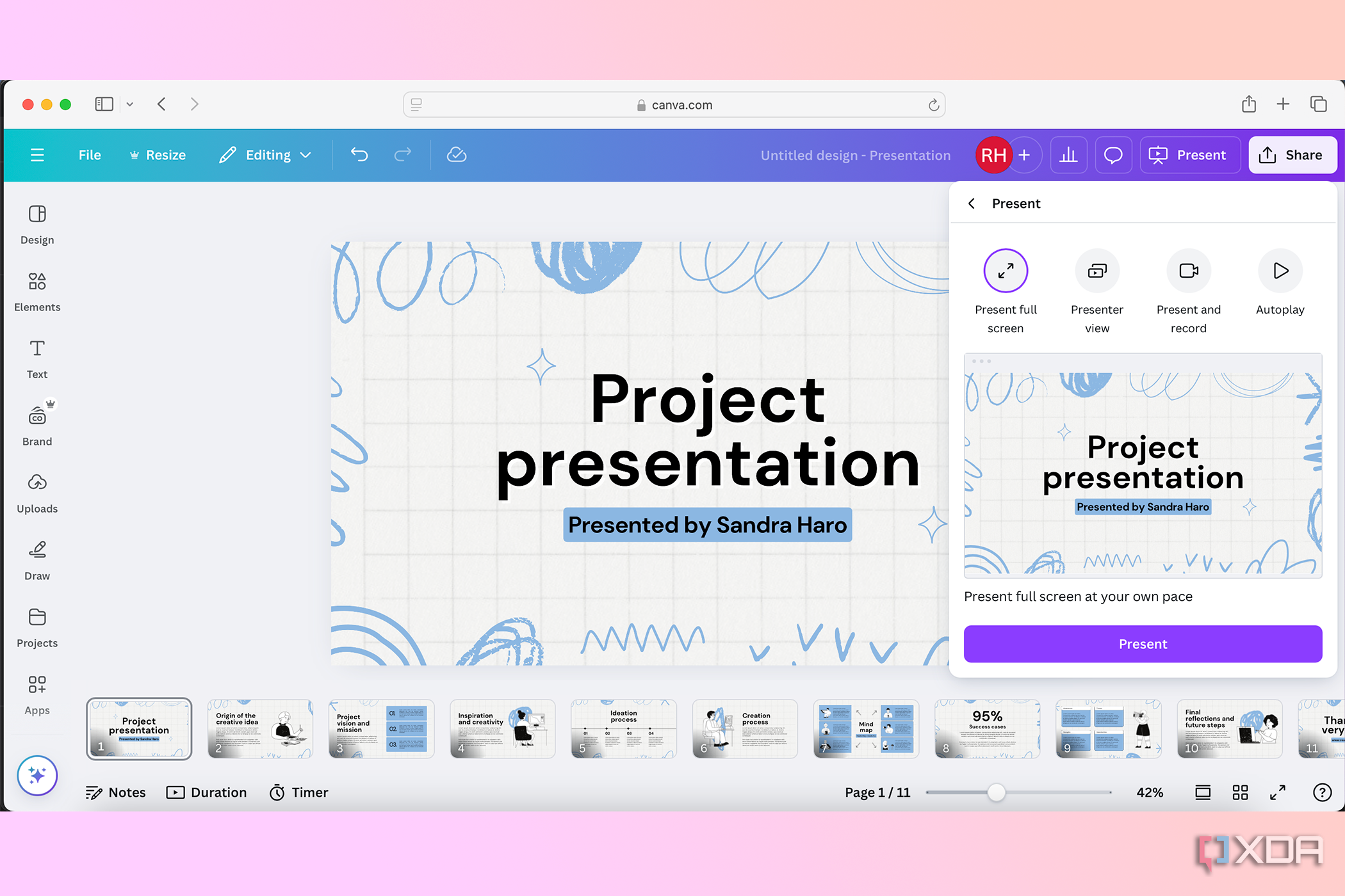 Canva menu to present live presentation