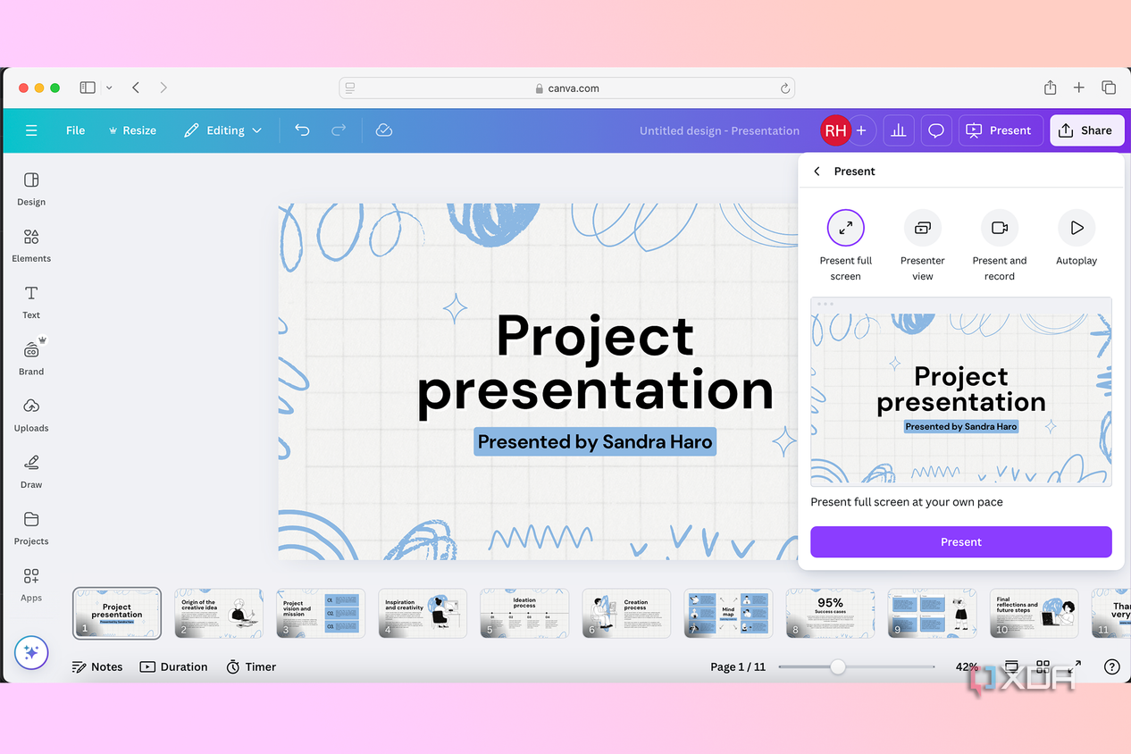Canva menu to present live presentation