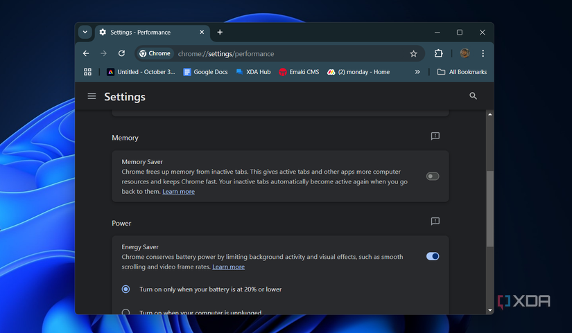 Chrome memory saver options