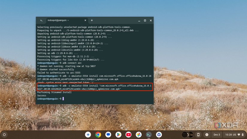 Screenshot of the Linux terminal in Chrome OS showing an ADB command to install an app