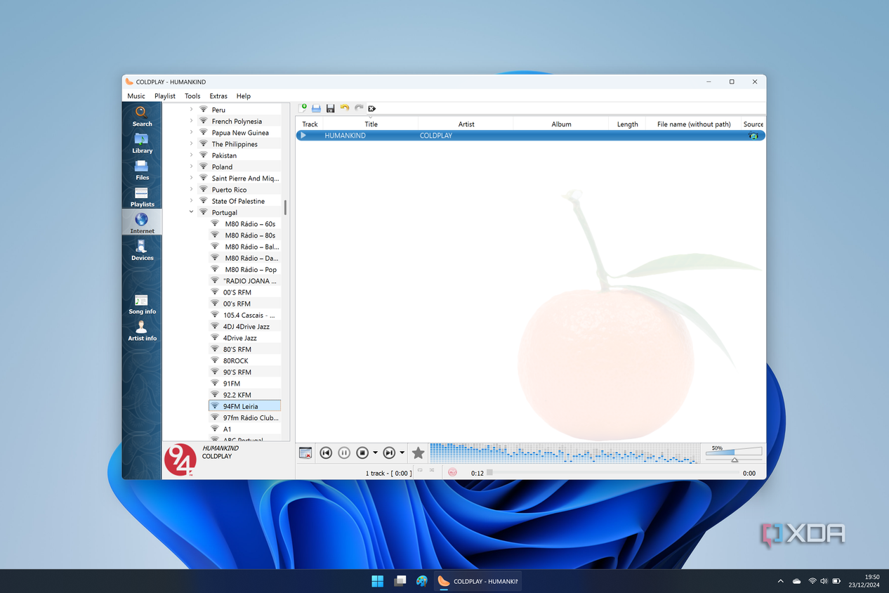 Screenshot of Clement playing music from a radio with a list of stations shown on the left