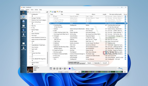 Screenshot of Clementine on Windows 11 with a large playlist loaded and a list of artists on the left side