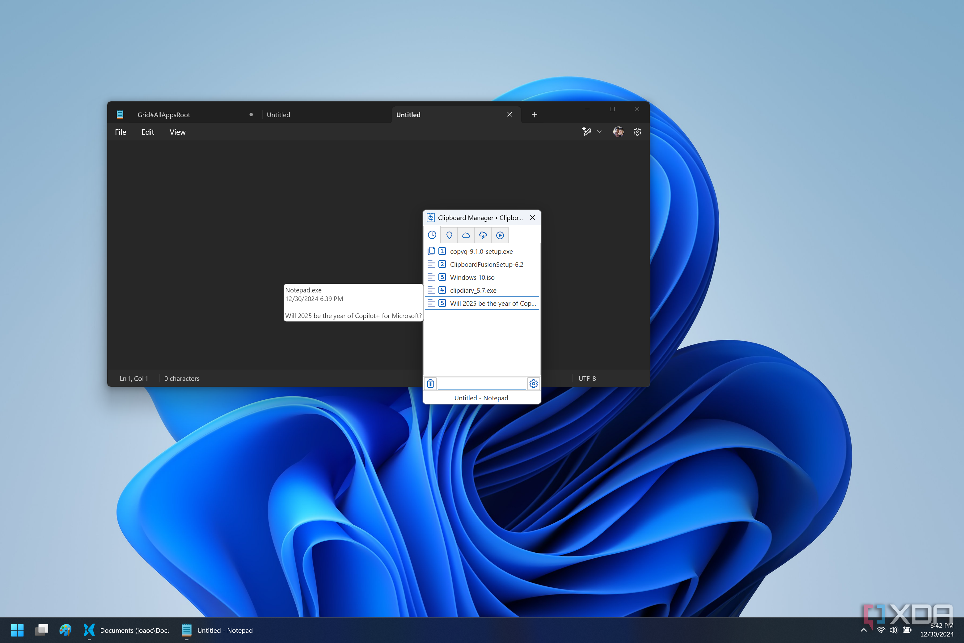 Screenshot of the clipboard manager in ClipboardFusion over a Notepad window