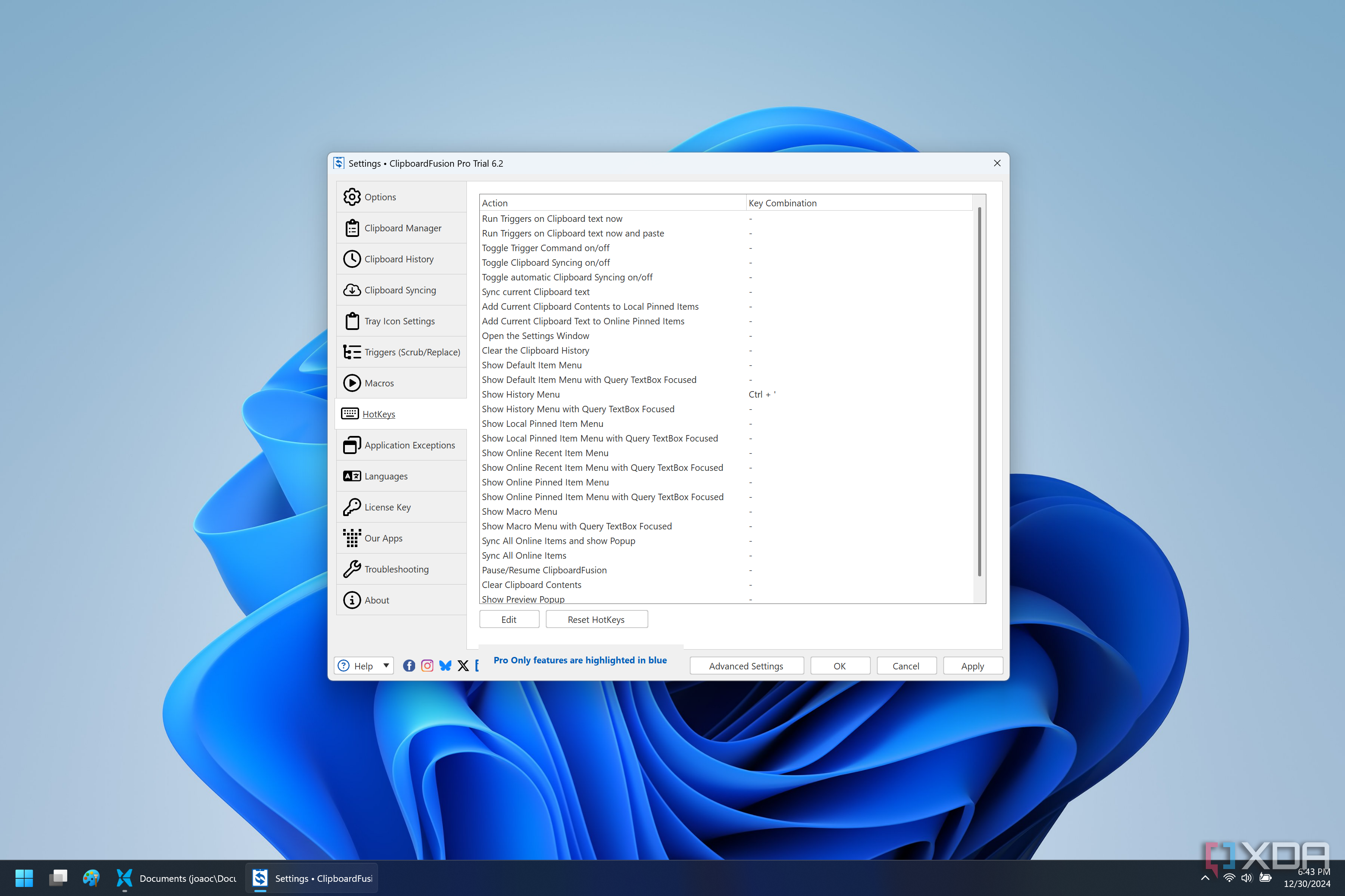 Screenshot of the ClipboardFusion hotkey settings