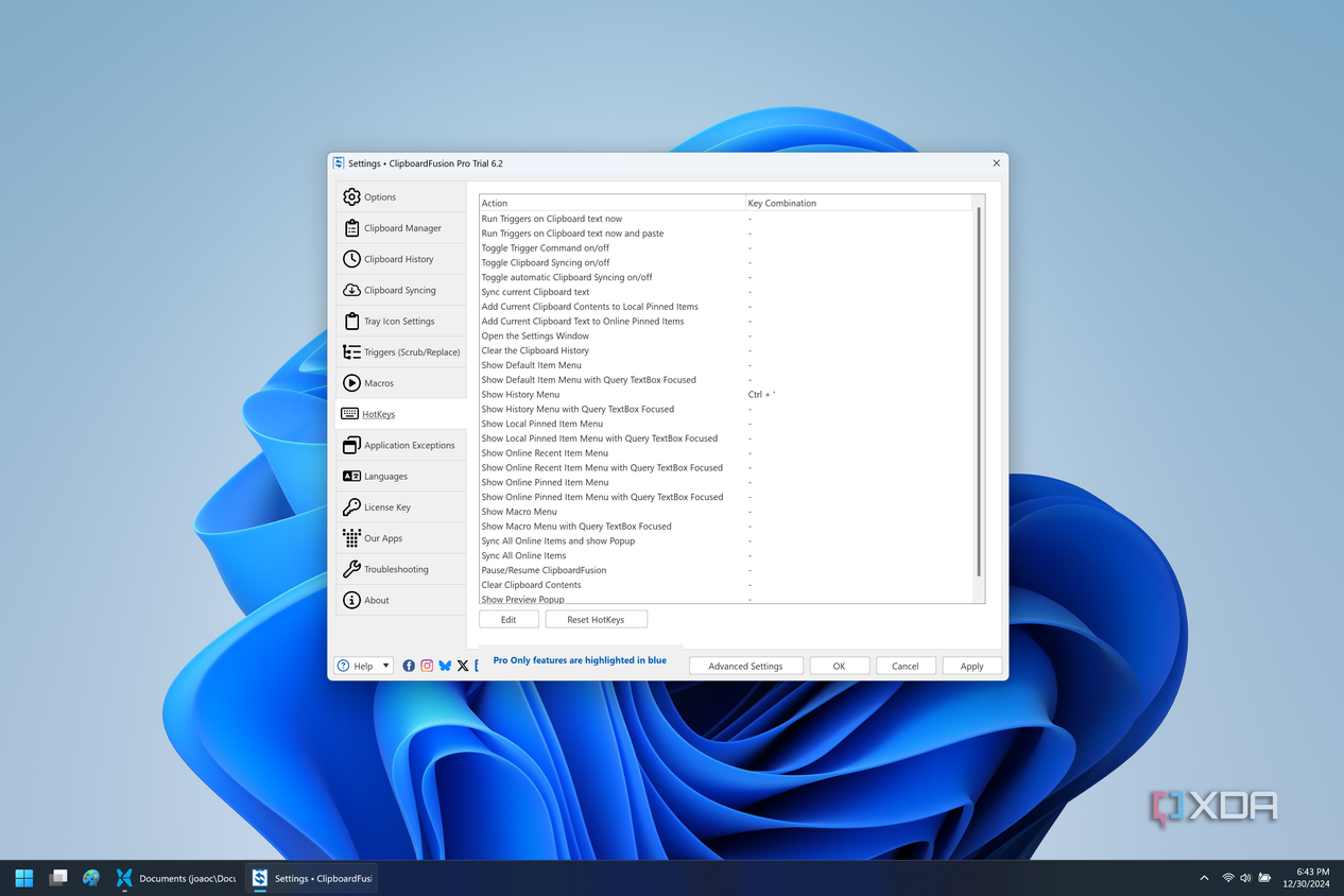 Screenshot of the ClipboardFusion hotkey settings